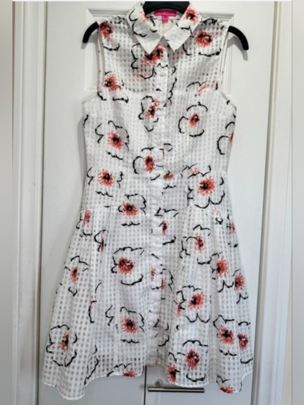 Betsey Johnson White Floral Button-front Shimmer Sheer Collared Shirt Dress, S:2